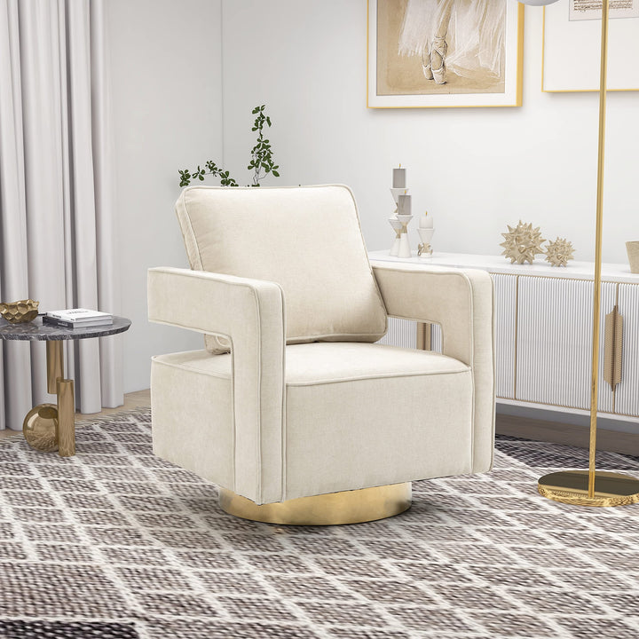 Swivel Accent Open Back Chair Modern Sofa Gold Steel for Nursery Bedroom Living Room Club Beige Solid Contemporary Chenille