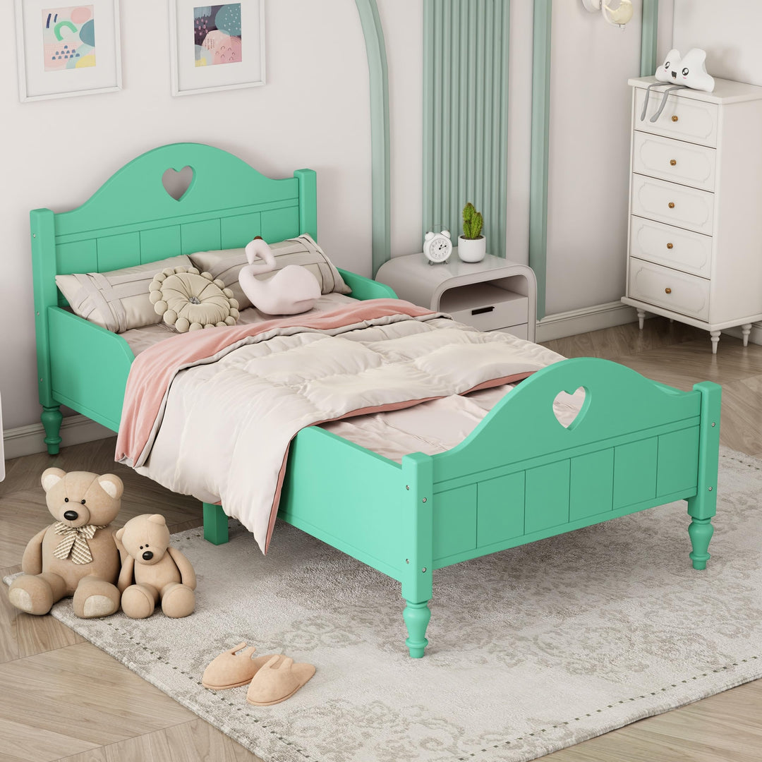 Twin Size Toddler Platform Bed with Side Safety Rails and Headboard Footboard Green Modern Contemporary Wood Includes Hardware