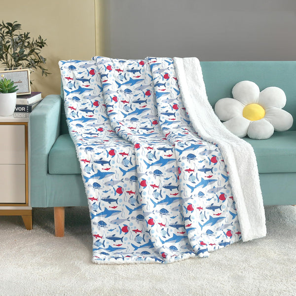 Printed Soft Flannel Fleece Throw Sherpa Kids Blanket 40 X 50 Inch Shark Turtle with White Base Blue Graphic Print Modern Contemporary Unisex Reversible