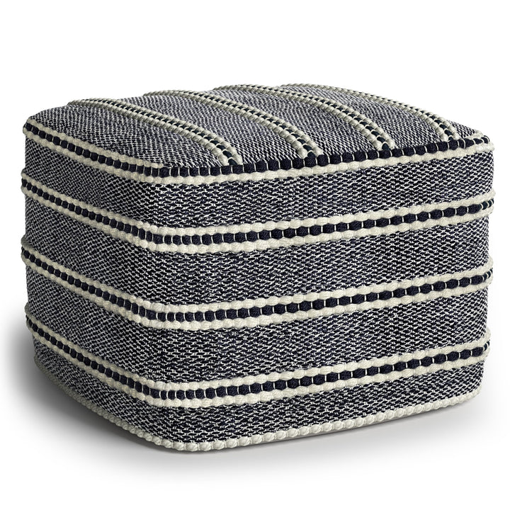 SIMPLIHOME Corrie 18 Inch Boho Square Woven Outdoor/ Indoor Pouf in Navy and White Recycled PET Polyester, For the Living Room, Bedroom and Kids Room