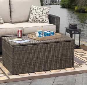 D&F Design Jackson Indoor & Outdoor PE Wicker Coffee Table with Storage, Patio Resin Rattan for Furniture Covers, Pillow, Toys and Gardening Tools Grey