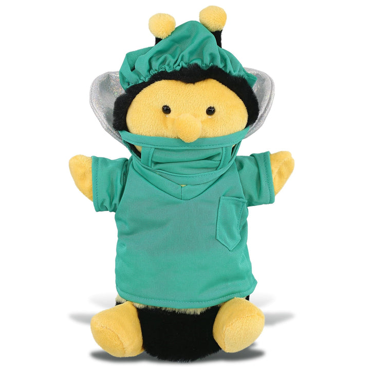 Honeybee Hand Puppet Doctor Plush with Scrub Uniform and Cap 10 Inches Black Green Yellow Polyester