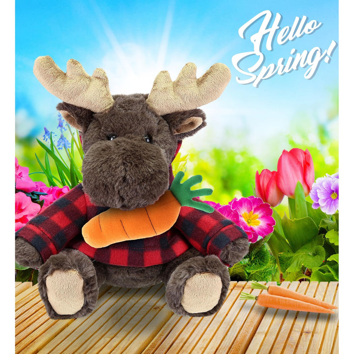 Happy Easter Plush Moose with Red Plaid Hoodie and Carrot 10 Inches