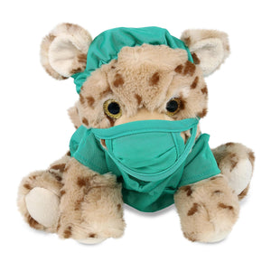 Squat Cheetah Doctor Plush Toy with Cute Scrub Uniform and Cap 12.5 Inches Brown Green Polyester