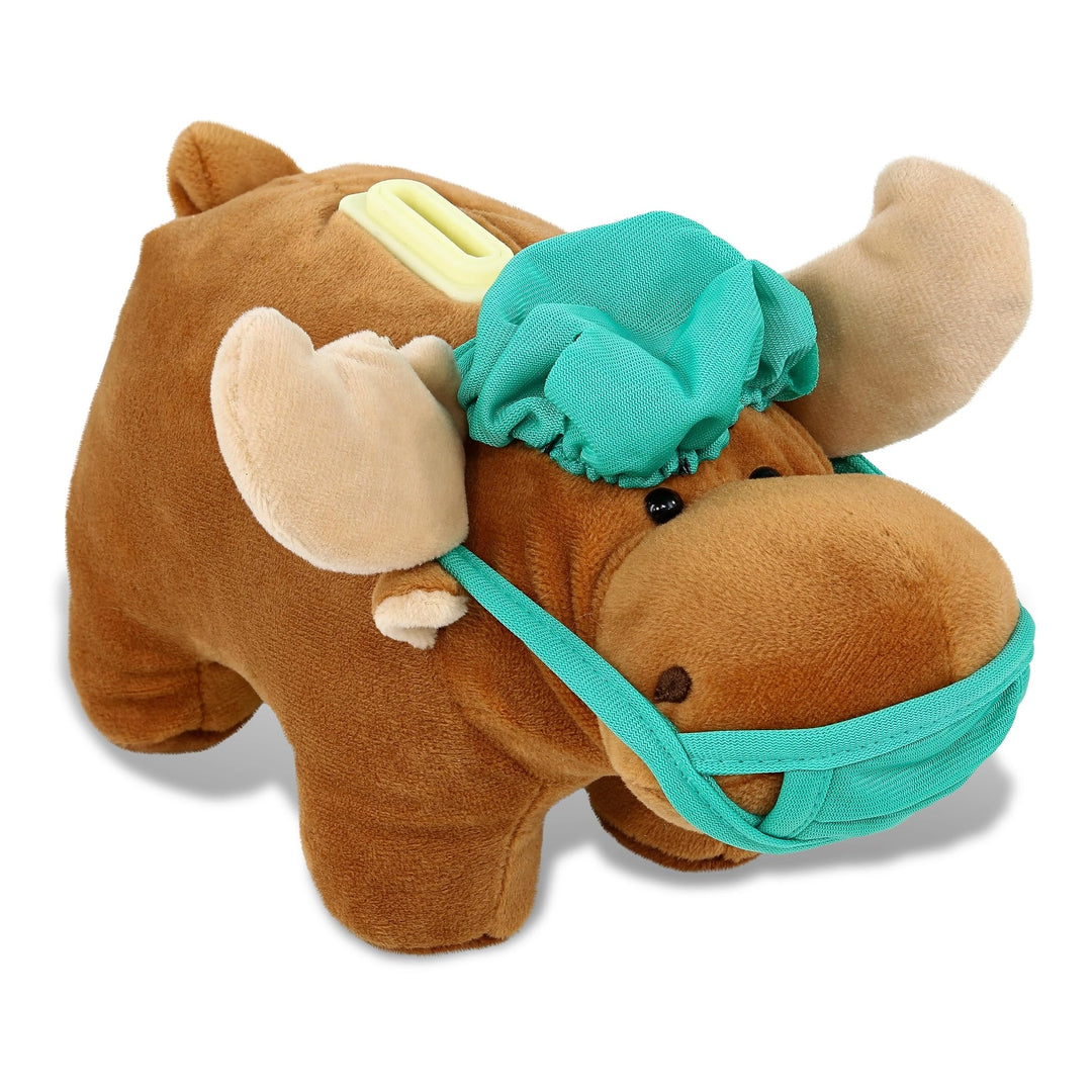 Moose Doctor Plush Bank Toy with Scrub Uniform and Cap Outfit 9 Inches Brown Green Polyester