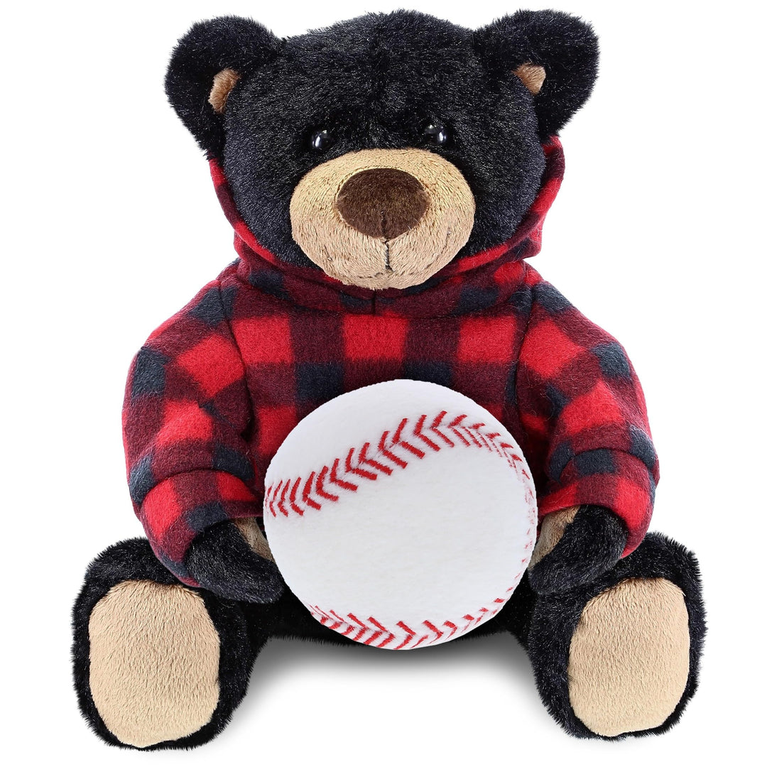 Black Bear with Baseball Plush with Red Plaid Hoodie 10 Inches White Polyester