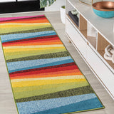 JONATHAN Y DZC101A-28 Prism Geometric Striped Indoor Area Rug, Kids & Novelty, Modern, Coastal, Bedroom, Kitchen, Living Room, Easy-Cleaning, Non-Shedding, 2 X 8, Orange/Green/Blue