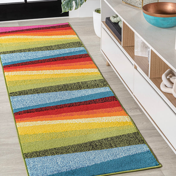 JONATHAN Y DZC101A-28 Prism Geometric Striped Indoor Area Rug, Kids & Novelty, Modern, Coastal, Bedroom, Kitchen, Living Room, Easy-Cleaning, Non-Shedding, 2 X 8, Orange/Green/Blue