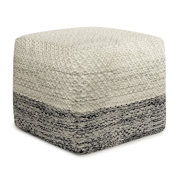 SIMPLIHOME Macie 18 Inch Boho Square Woven Outdoor/ Indoor Pouf in Grey and White Recycled PET Polyester, For the Living Room, Bedroom and Kids Room