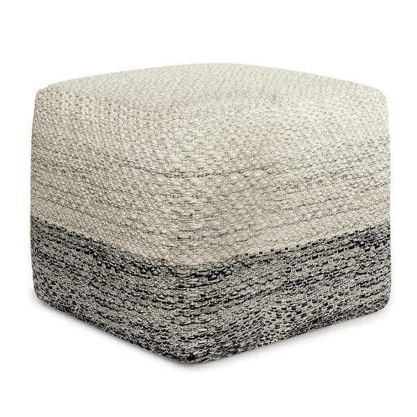 SIMPLIHOME Macie 18 Inch Boho Square Woven Outdoor/ Indoor Pouf in Grey and White Recycled PET Polyester, For the Living Room, Bedroom and Kids Room