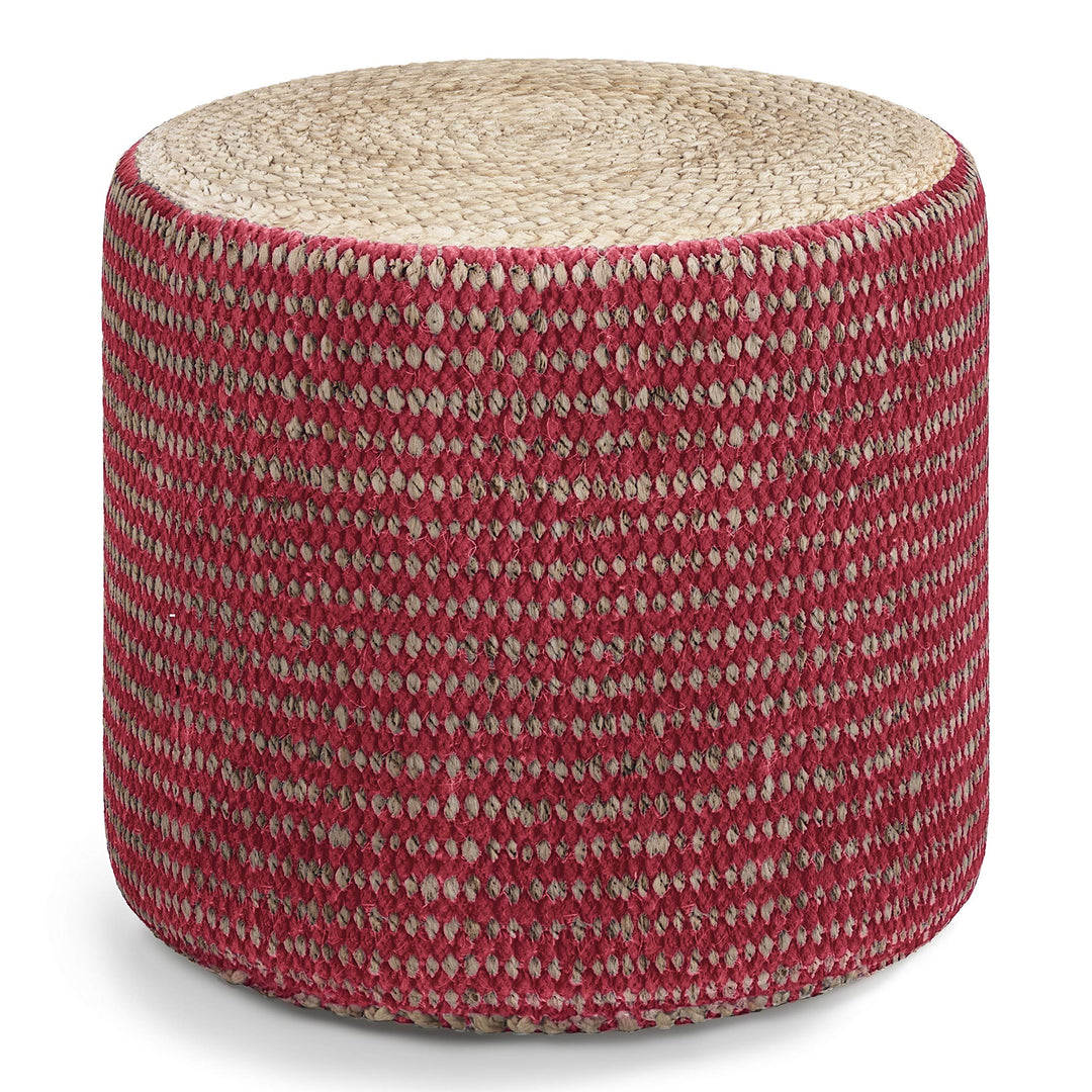 SIMPLIHOME Larissa Round Pouf, Footstool, Upholstered in Natural and Maroon Hand Braided Jute, for the Living Room, Bedroom and Kids Room, Boho Small Parcel