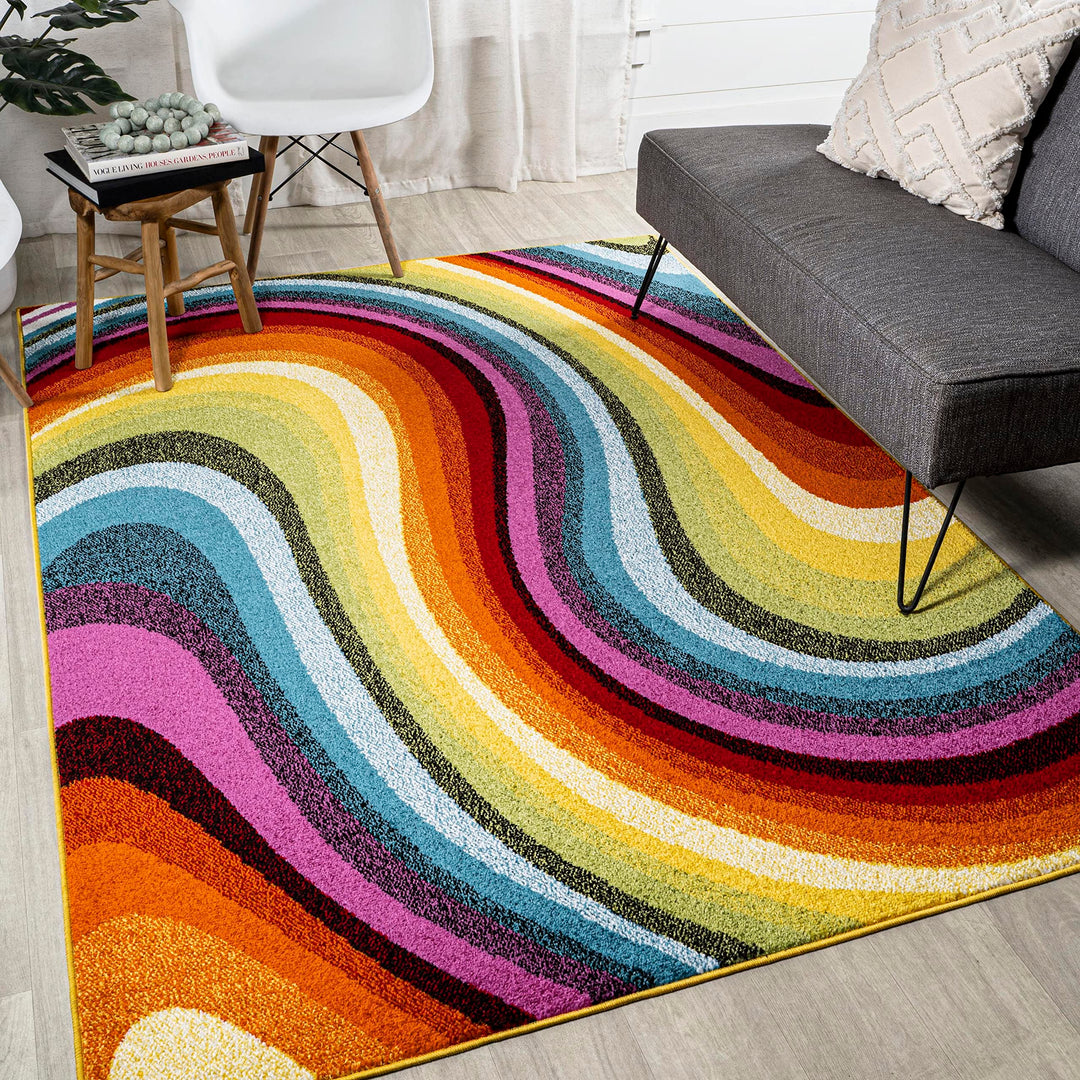 JONATHAN Y DZC100A-4 Flow Abstract Swirl Indoor Area Rug, Kids & Novelty, Modern, Coastal, Bedroom, Kitchen, Living Room, Easy-Cleaning, Non-Shedding, 4 X 6, Red/Yellow/Blue