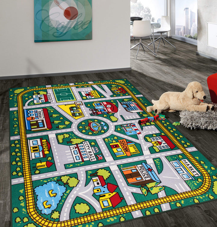 Rugshop Kids Educational Learning City Life Road Non Skid (Non Slip) Area Rug 3'3" x 4'7" Green