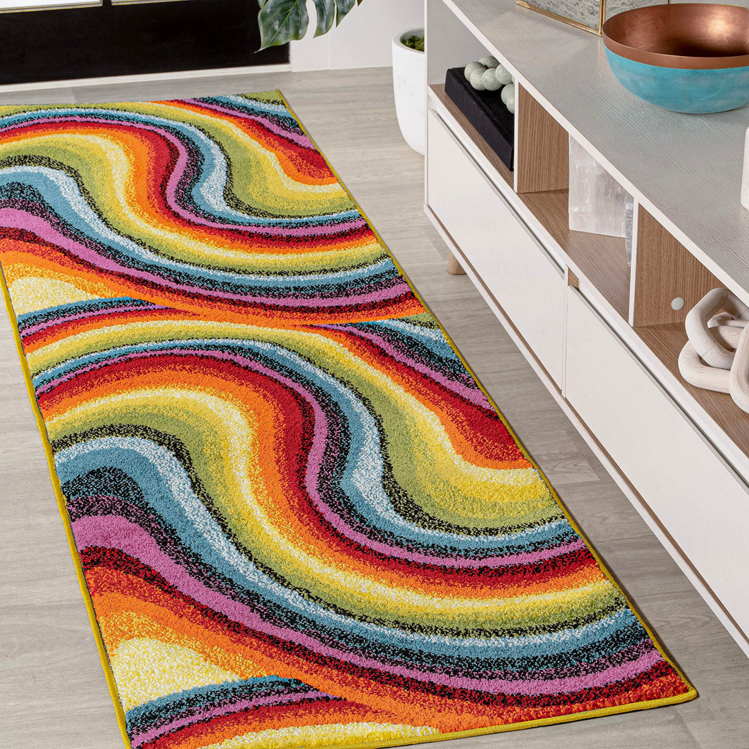 JONATHAN Y DZC100A-28 Flow Abstract Swirl Indoor Area Rug, Kids & Novelty, Modern, Coastal, Bedroom, Kitchen, Living Room, Easy-Cleaning, Non-Shedding, 2 X 8, Red/Yellow/Blue